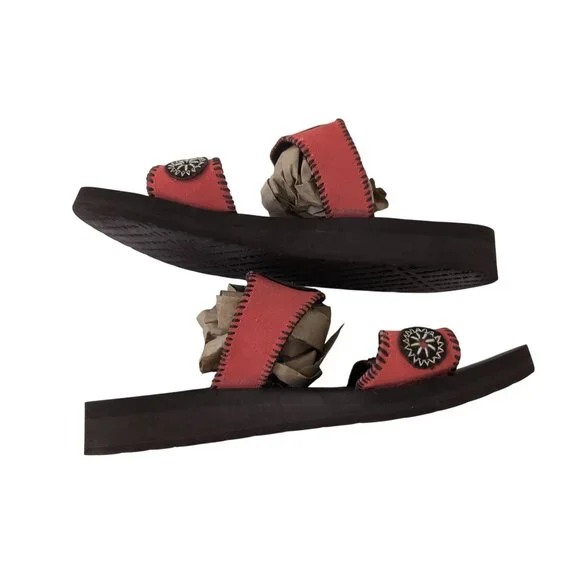 Lands End Wedge Sandal Womens 10 Red Brown Slip On Cushioned Southwestern Casual - Picture 2 of 9